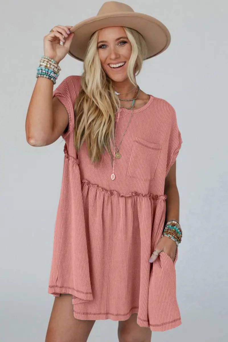 Dusty Pink Corded Knit Textured Patched Pocket Frilled Swing Mini Dress - Love Salve